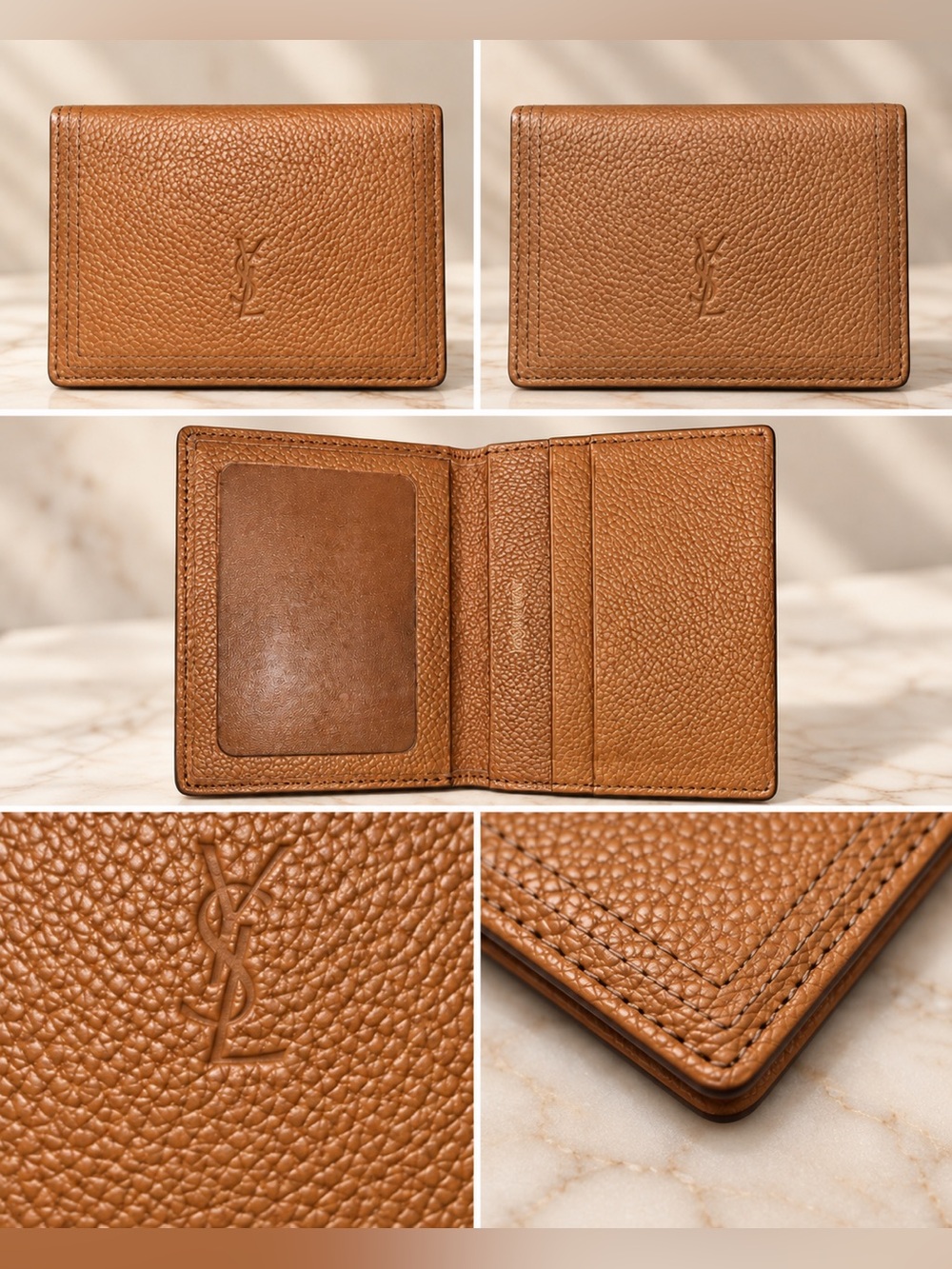 vintage 1990s Yves Saint Laurent pebbled brown leather bi-fold card case